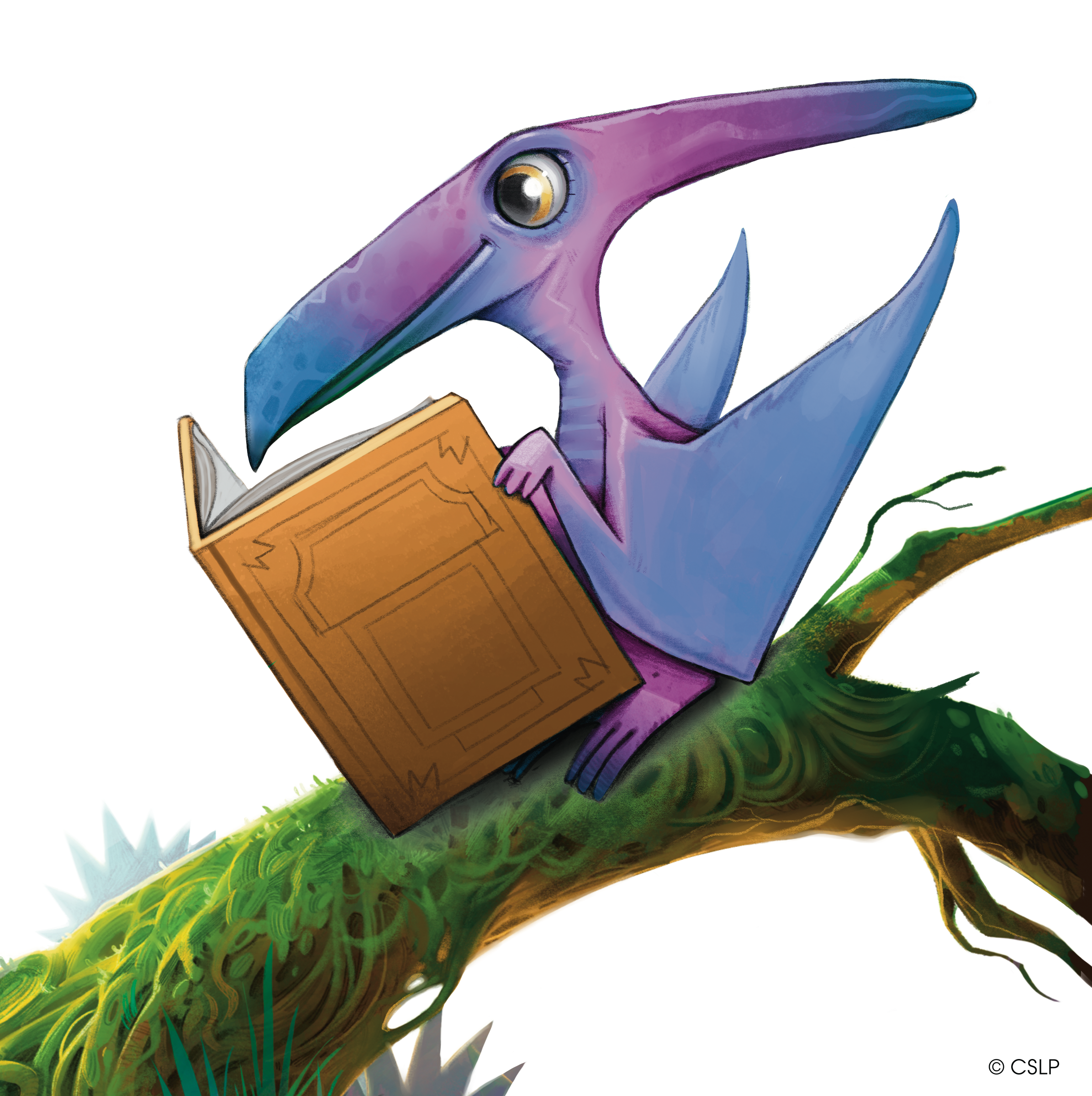 Illustration of a pterodactyl reading a book on a tree branch
